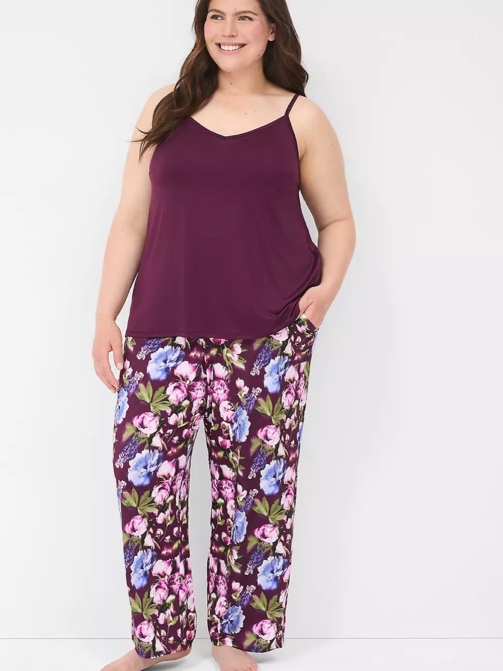 Cacique Plum V-Neck Cami with Floral Pajama Pants Set